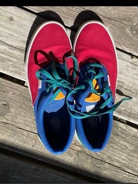 Vans Kids Canvas Sneakers in Red with Blue Collar and Teal Laces